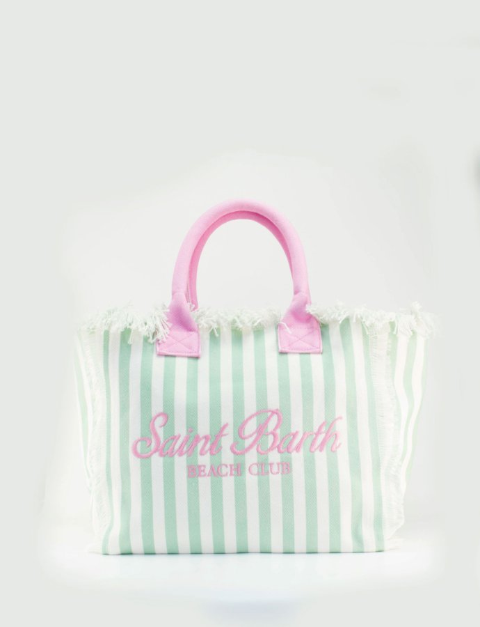 Cotton canvas vanity tote bag with green striped print