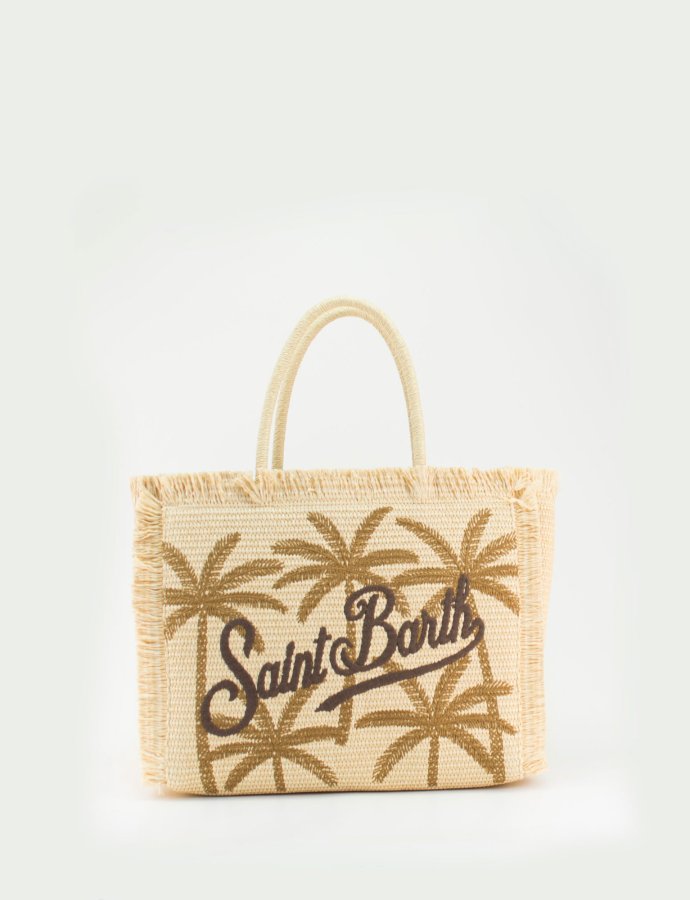 Vanity straw handbag with palm embroidery