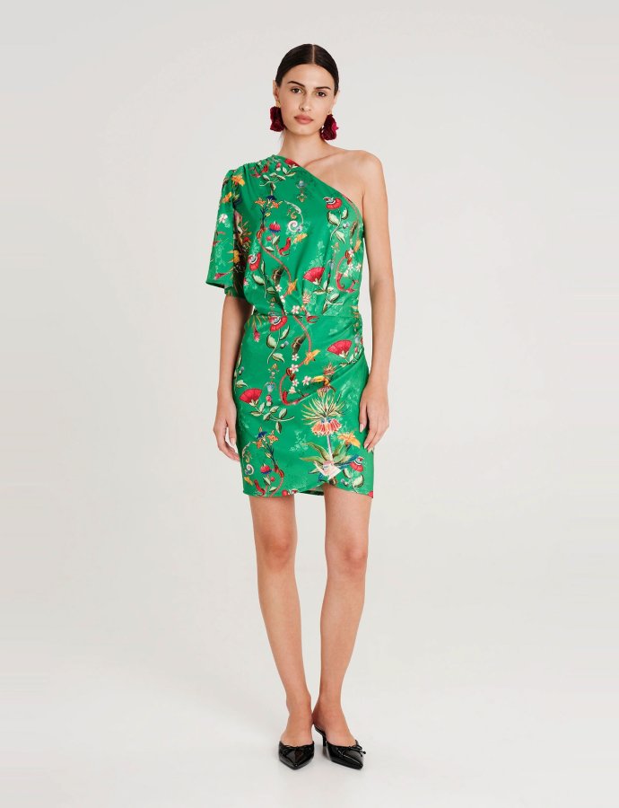 Exotic one shoulder mini jacquard dress