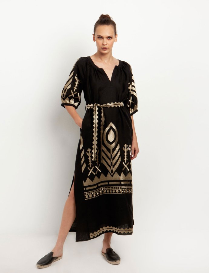 Feather belt long dress black-gold
