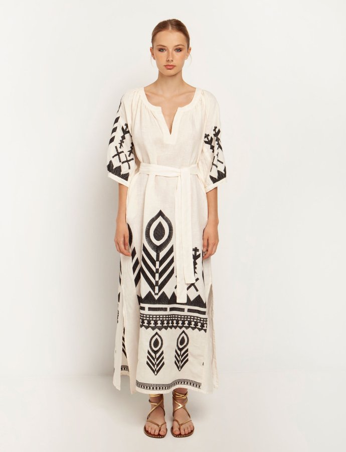 Feather belt long dress natural-black
