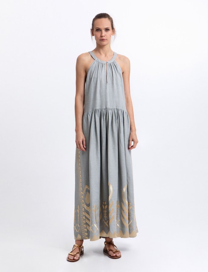 Feather halter neck maxi dress stone-gold