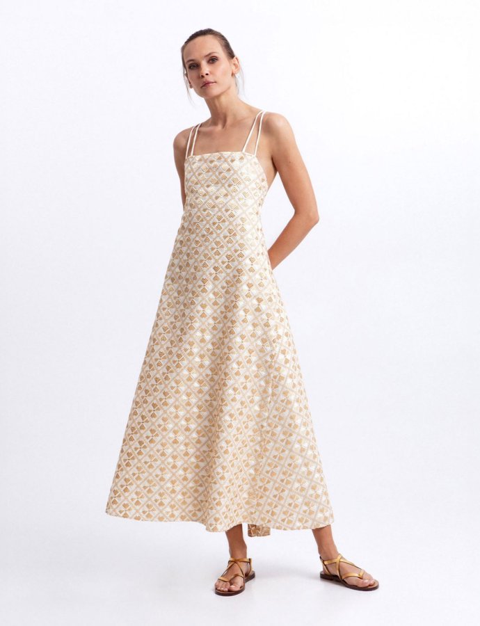 Flakes embroidered long dress white-gold champagne