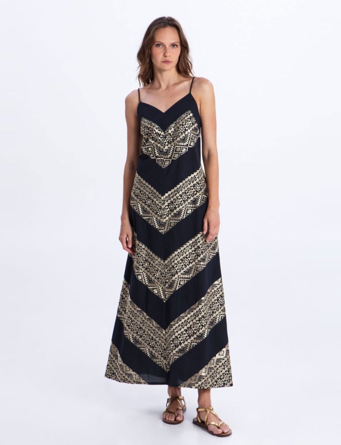 Classic  triangle embroidered maxi dress cross straps black-gold