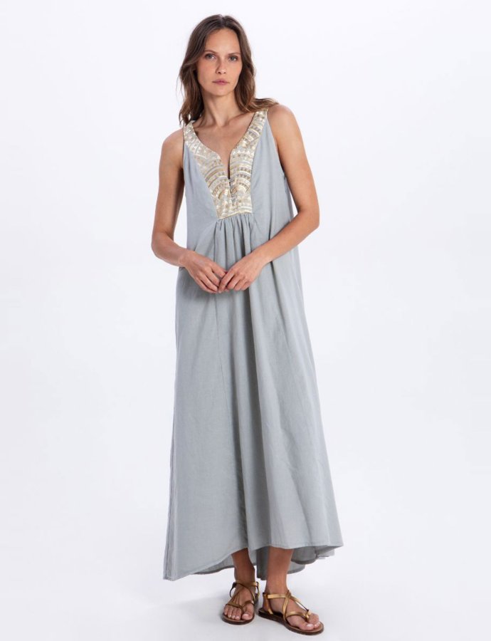 New triangle sleeveless embroidered maxi dress stone-gold
