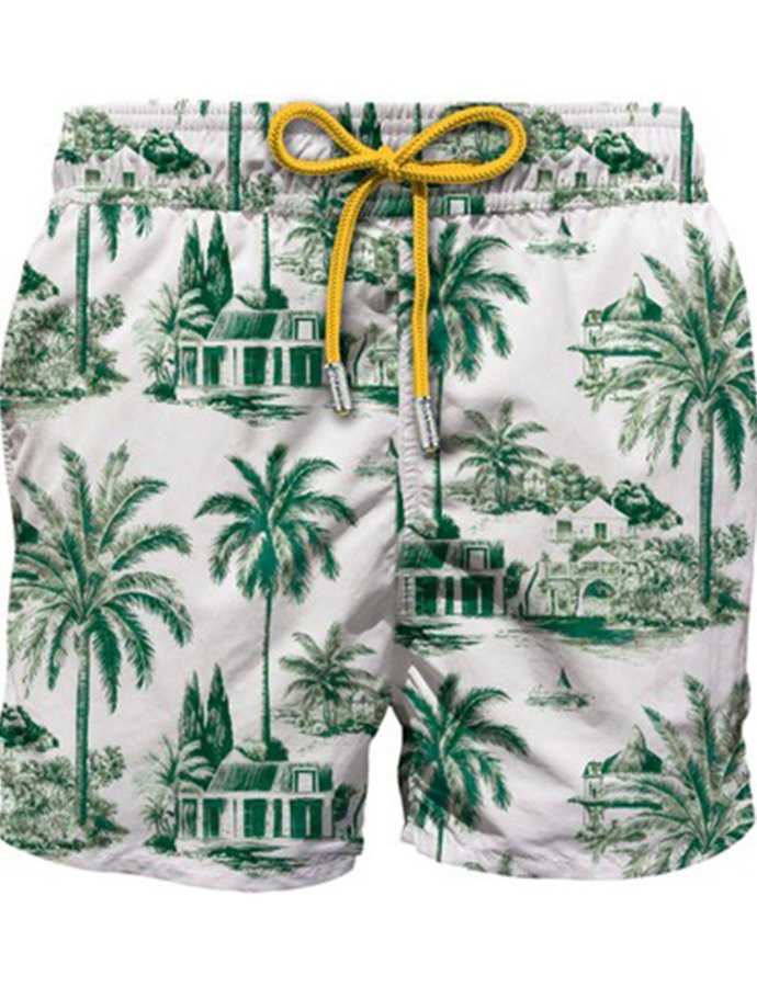 Mid-length gustavia swim shorts with toile de jouy print green