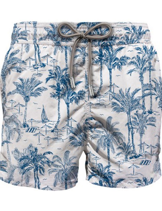 Mid-length gustavia swim shorts with toile de jouy print blue