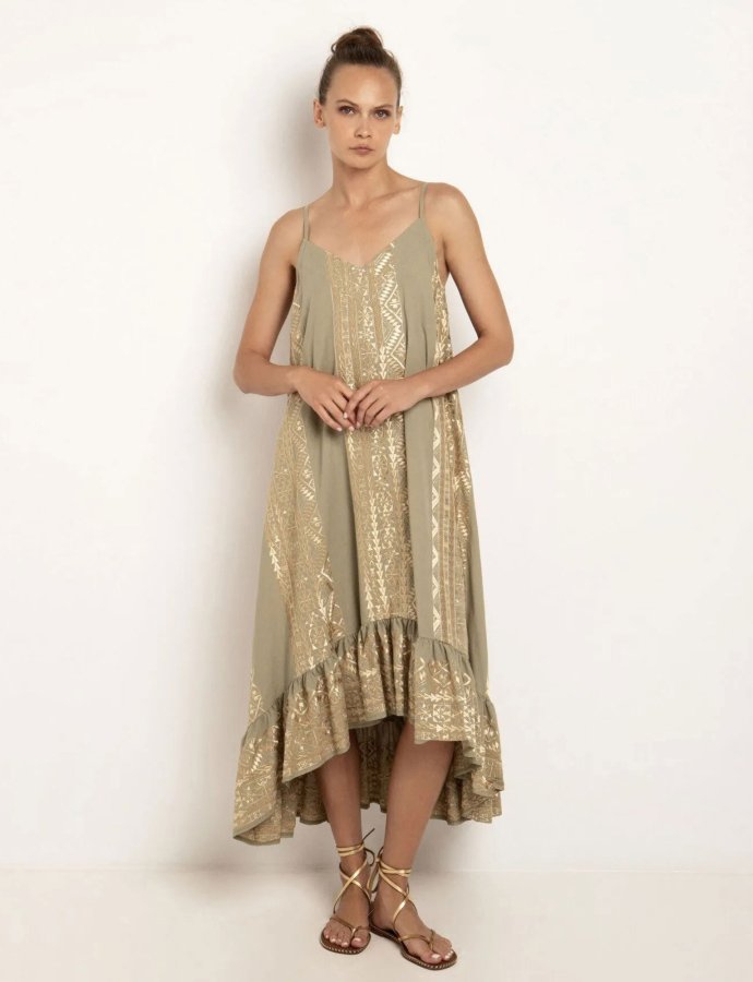 Long asymmetric embroidered dress  tea-gold