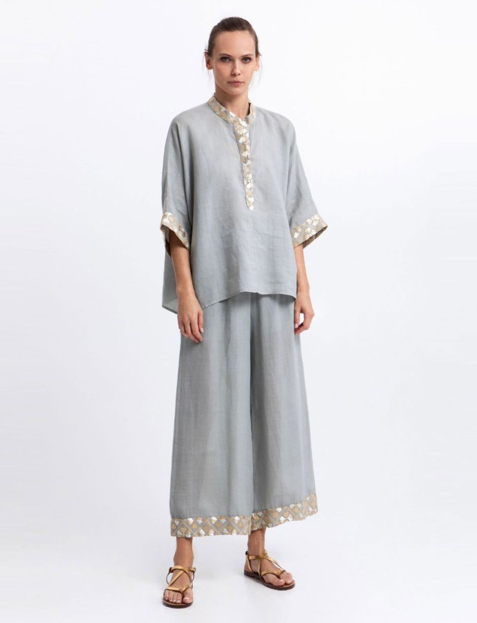 Embroidered flakes pants sage-gold champagne