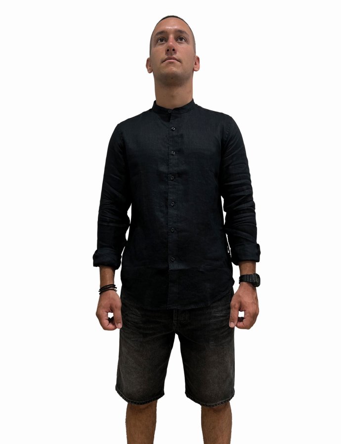 Mao collar linen shirt black