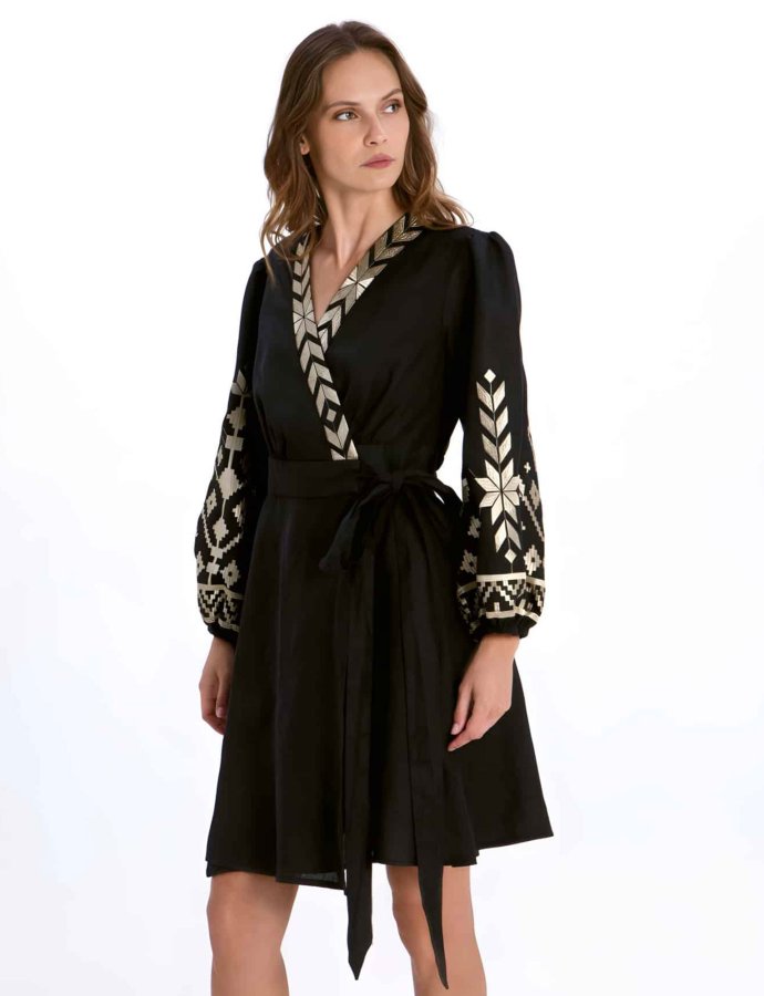 Ios mini linen wrap dress black-gold