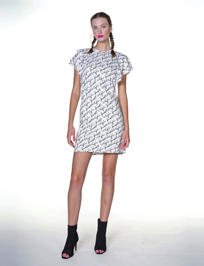 Logo allover cut sleeve dress black and white