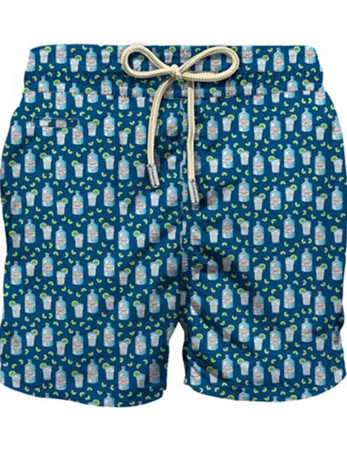 Man light fabric swim shorts with gin bottle print