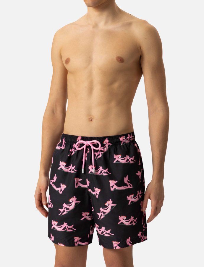 Lightweight fabric swim shorts lighting with the Pink Panther print