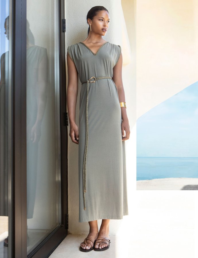 Long jersey sleeveless dress khaki