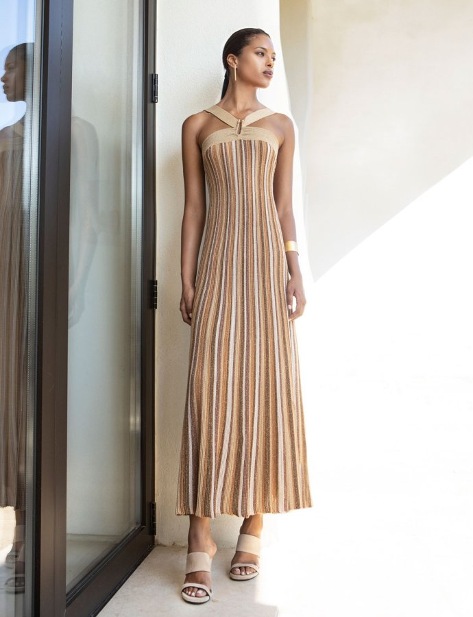 Lurex maxi knit halter neck dress tan gold-bronze
