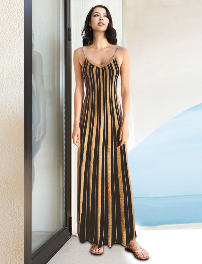 Lurex maxi two tone dress black- tan gold