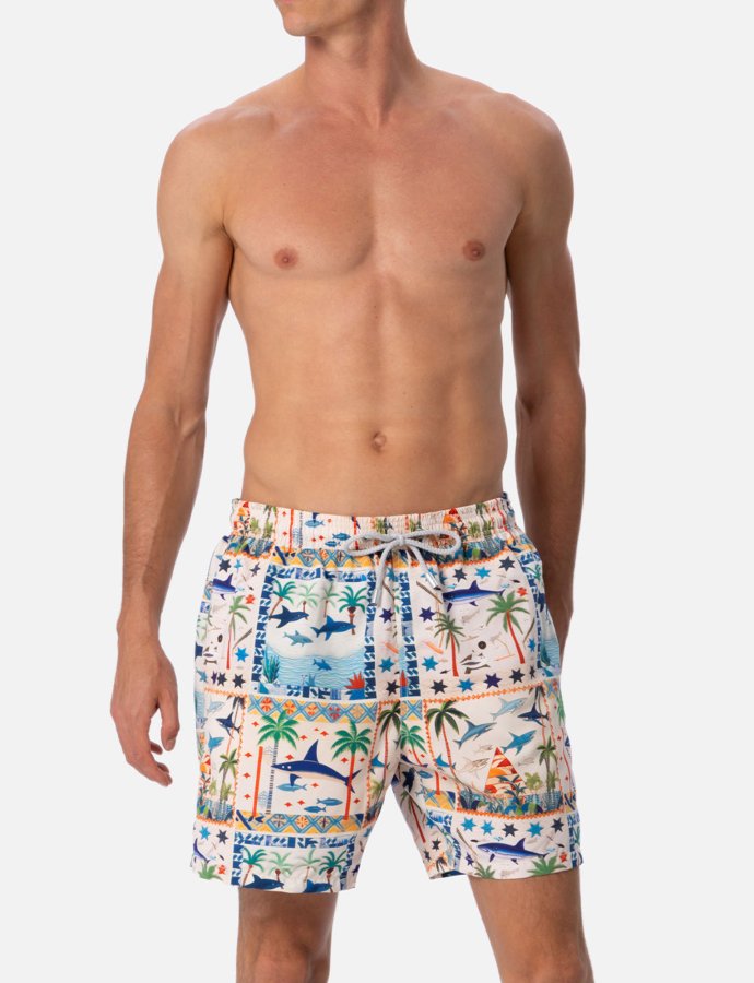 Man mid-length gustavia swim shorts with Egyptian shark print