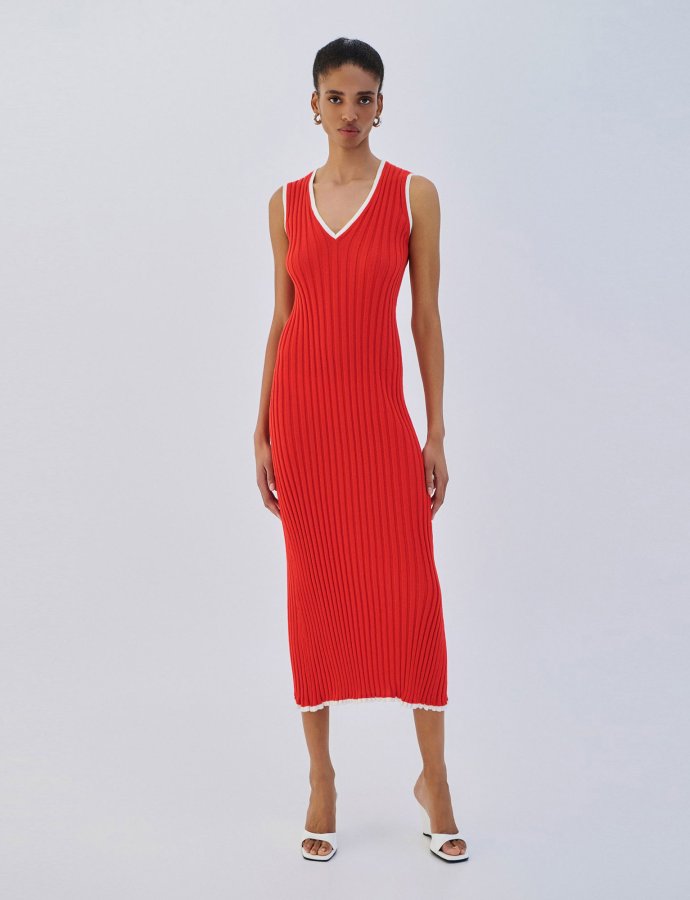 Midi V dress coral-white