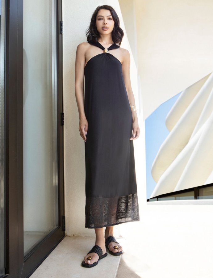 Midi jersey halter neck dress black