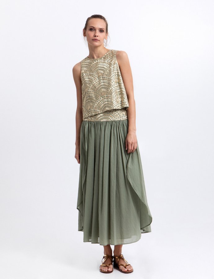 New triangle long skirt sage-gold