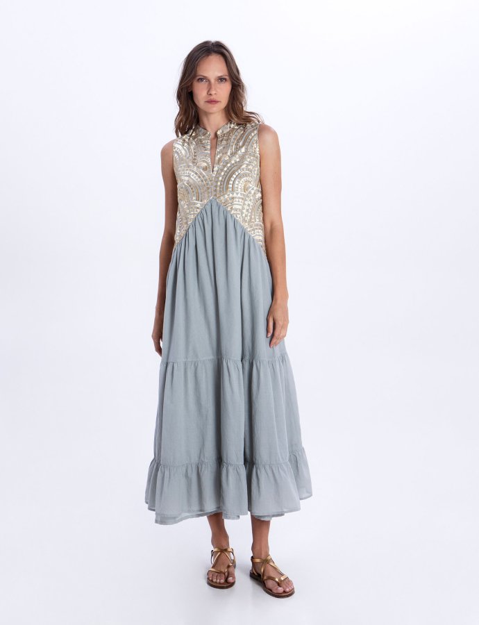 New triangle long sleeveless dress stone-gold