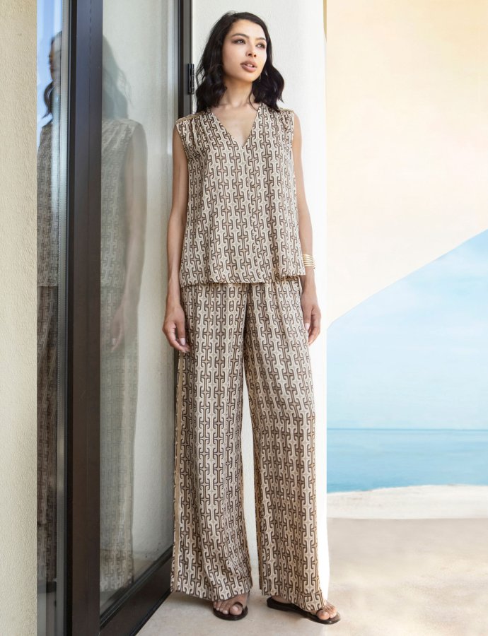 Printed satin pants sand-bronze