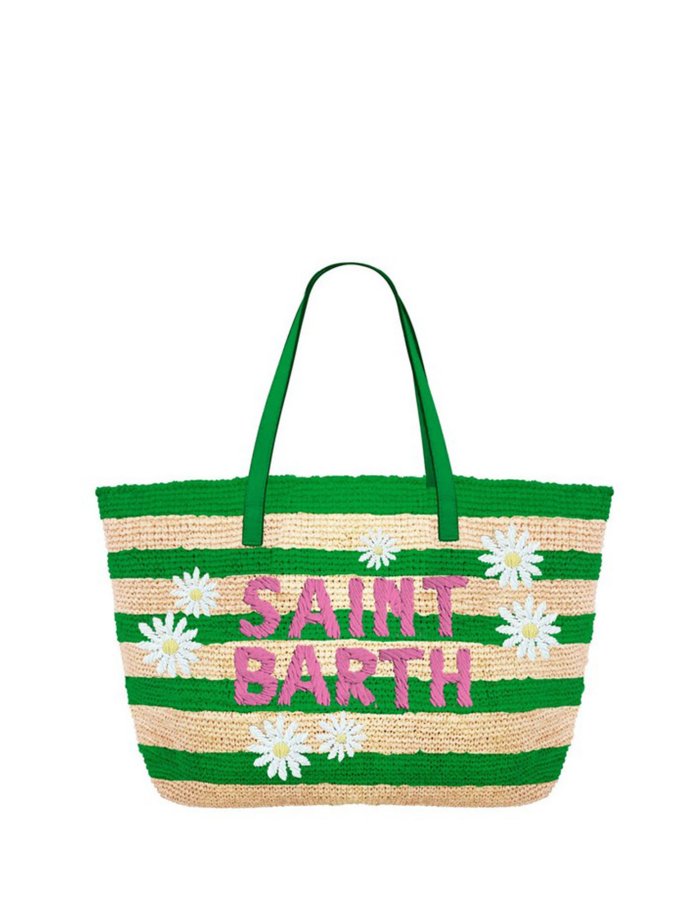 Raffia city shoulder bag with stripes and daisies