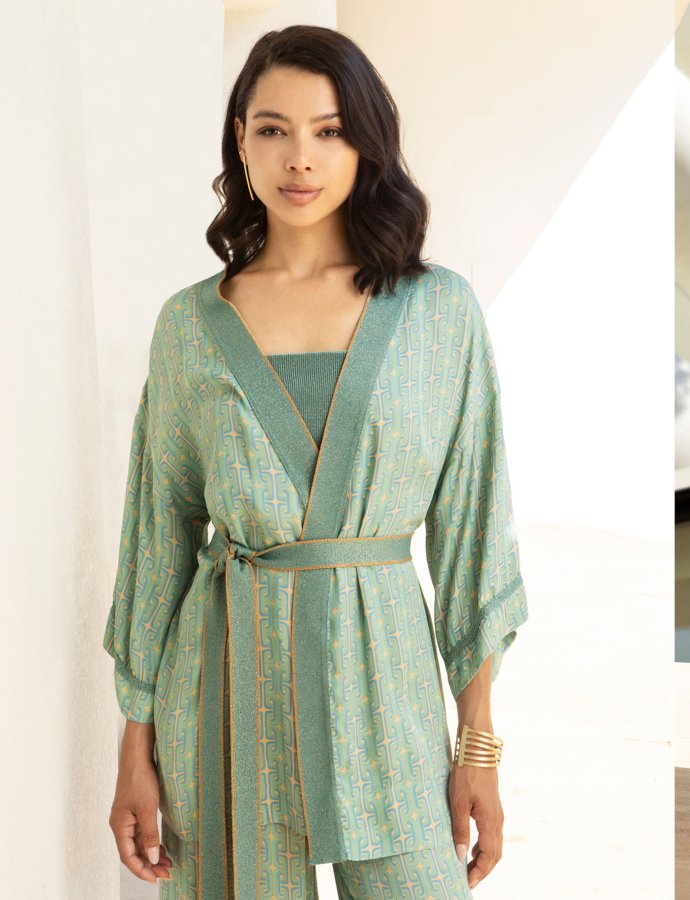 Satin printed kimono teal-aqua