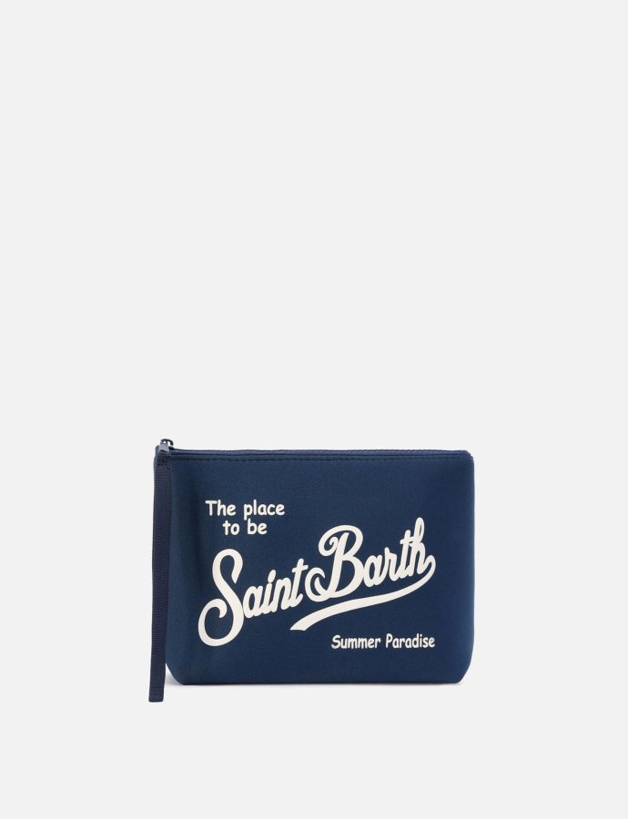 Aline scuba pouch in navy blue with printed logo