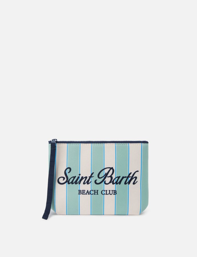 Aline scuba pouch with mint green stripes and beach club logo