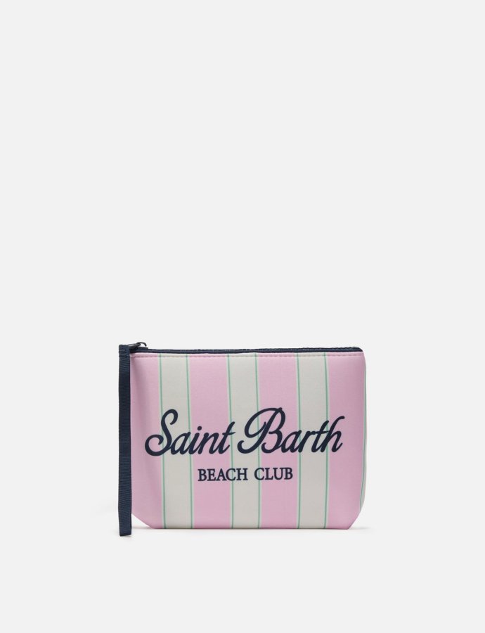 Aline scuba pouch with pink and green striped print and beach club logo