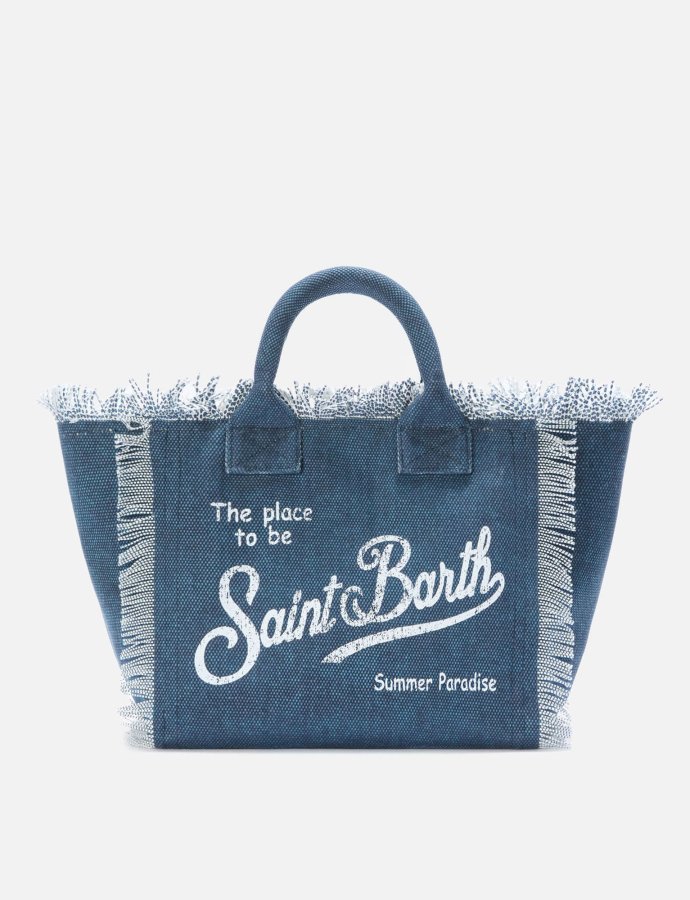 Indigo blue canvas Colette bag with fringes