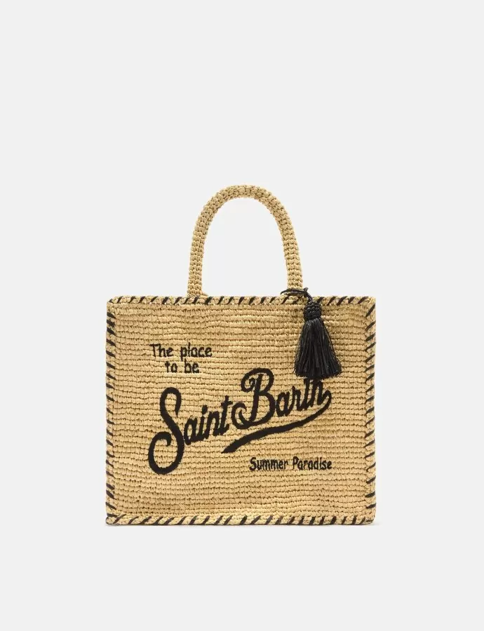 Colette raffia bag with embroidered logo and black contrast trim