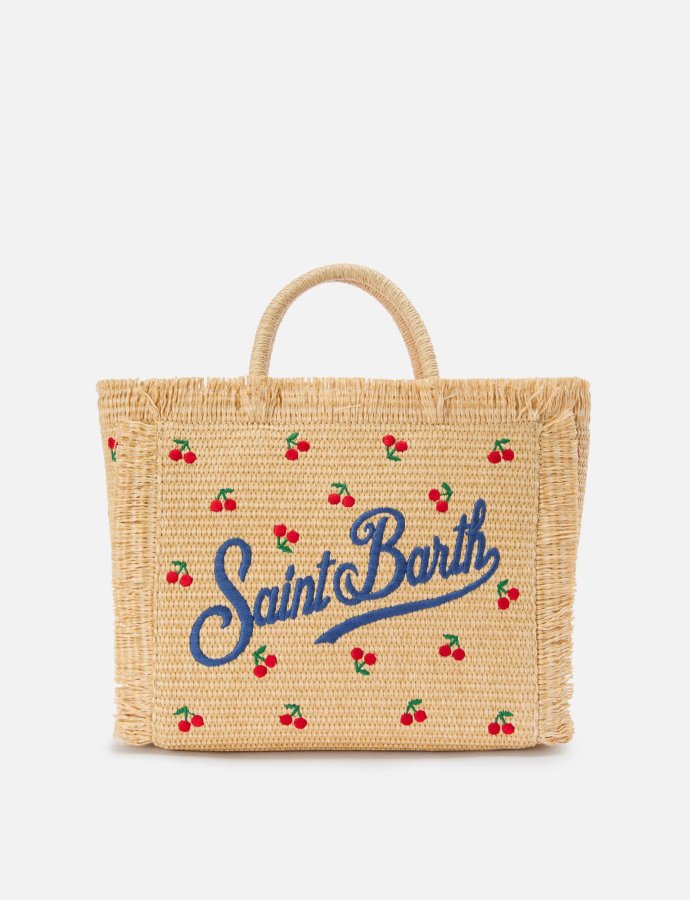 Colette bag in straw effect fabric with cherry embroidery