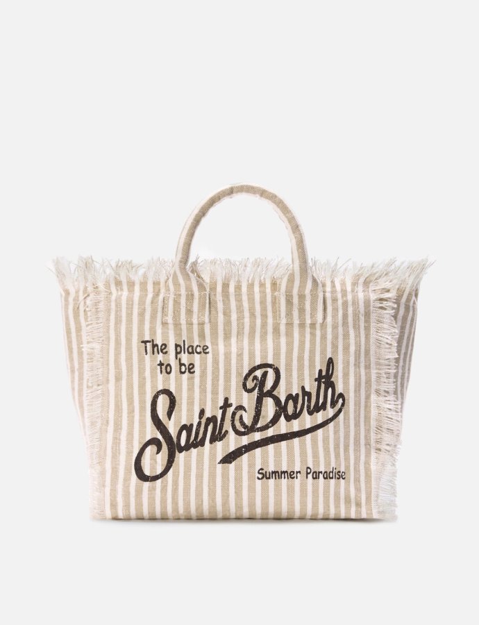 Colette linen striped bag in beige and white