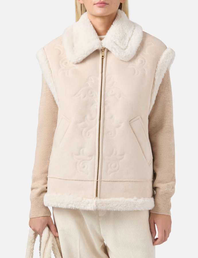Hesketh faux-shearling gilet with western embroidery beige