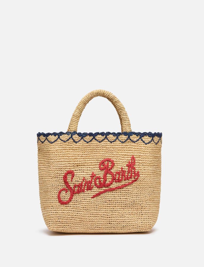 Beige raffia mid beach bag with cotton pouch and heart border