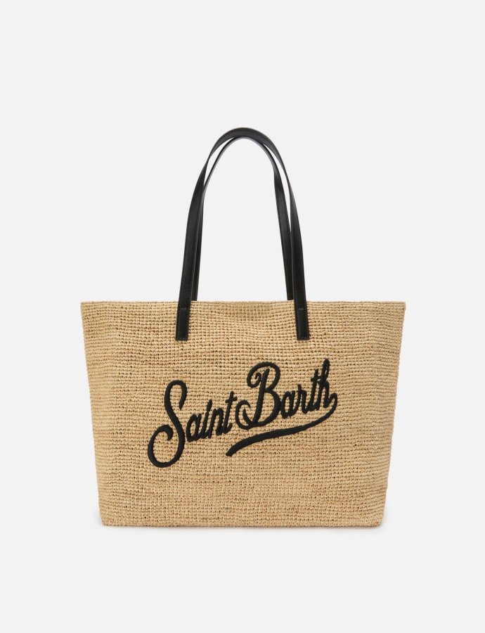 City raffia bag with contrasting black embroidered logo