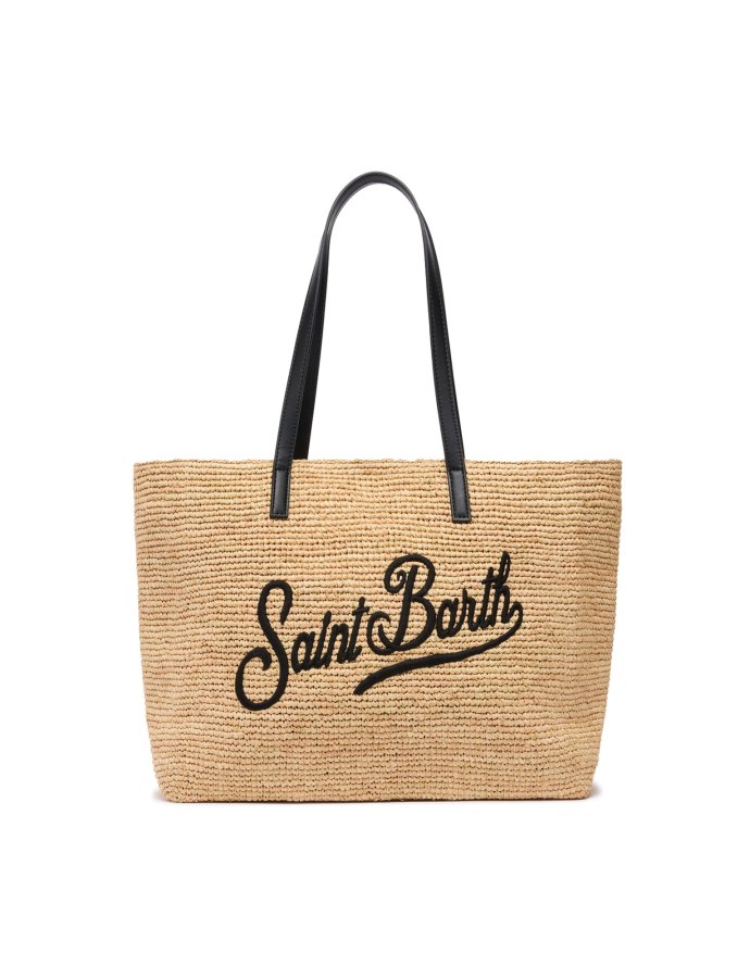 Beige raffia city bag with Saint Barth embroidered logo