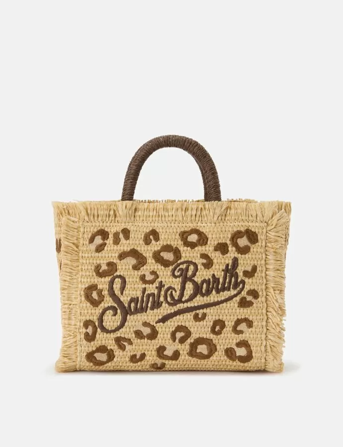 Colette straw effect bag with leopard embroidery