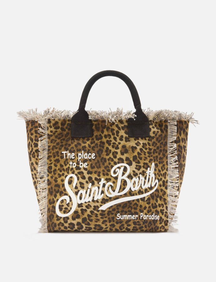 Leopard print canvas vanity regular bag with fringes