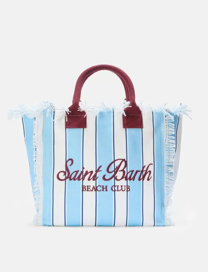 Canvas vanity regular bag with light blue stripes and Bordeaux details