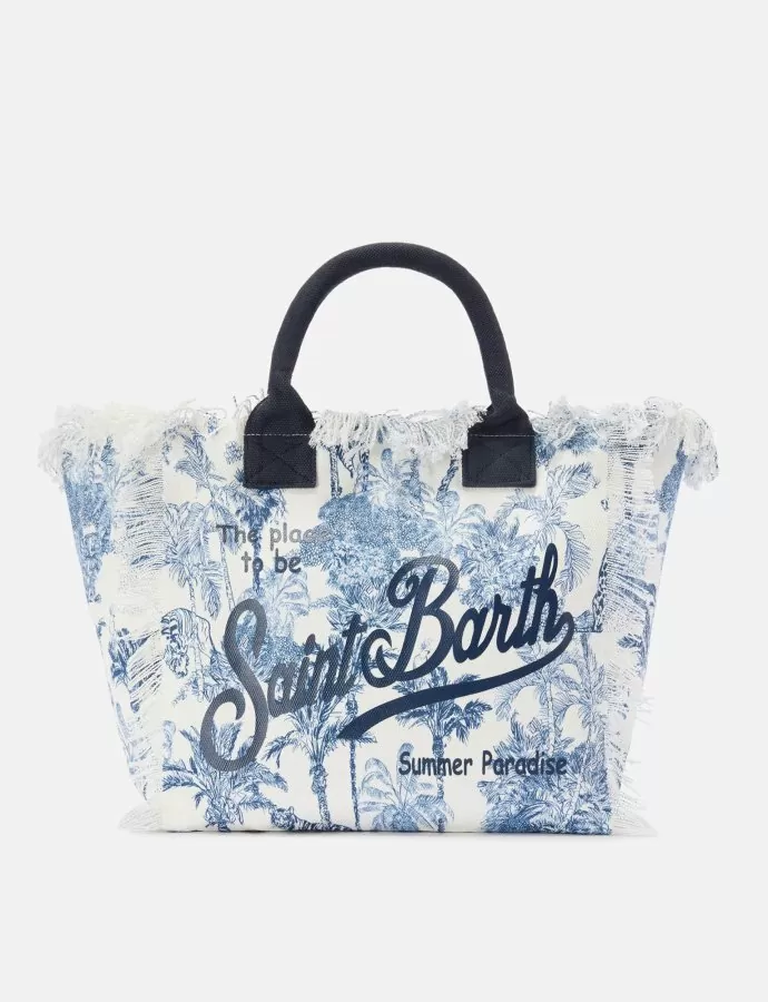 Regular vanity canvas bag with blue toile de jouy print