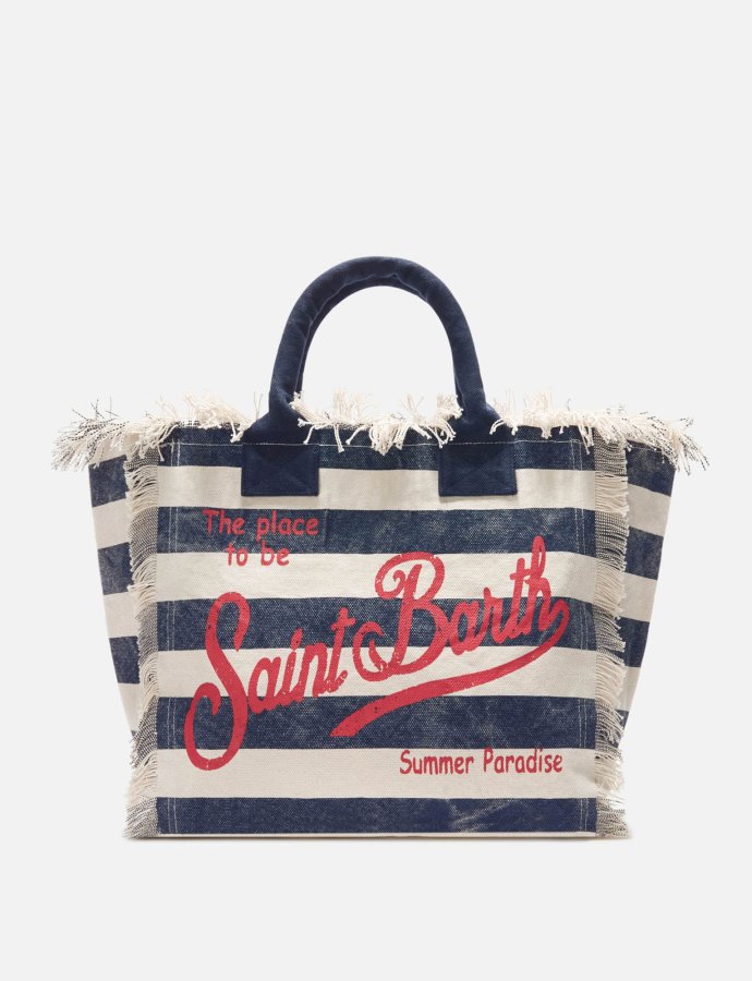 Blue canvas vanity regular bag with horizontal stripes