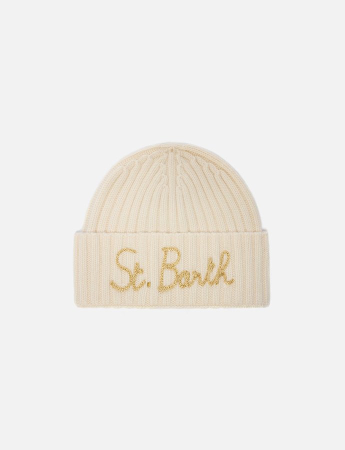 Cashmere blended wengen beanie in white with lurex St. Barth embroidery