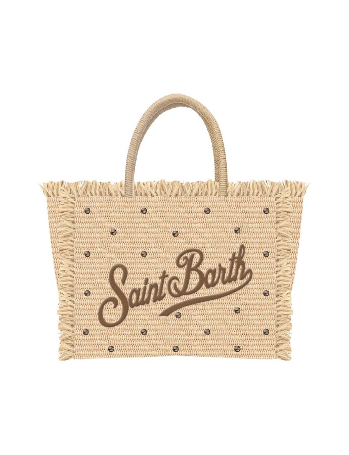 Vanity bag in straw effect fabric with applied rhinestones