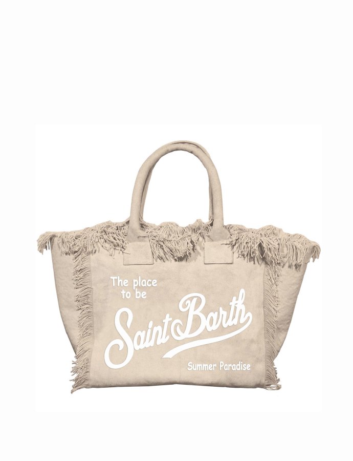 Beige canvas vanity regular bag with fringes