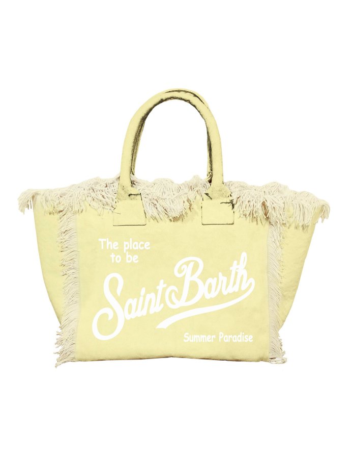 Light yellow canvas vanity regular bag with fringes