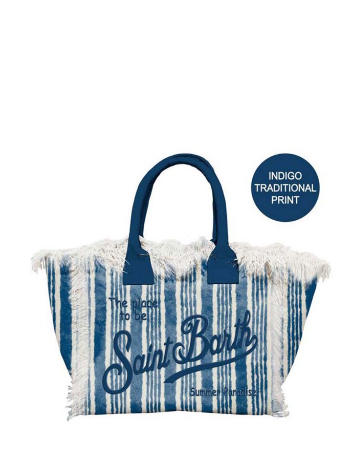 Vanity cotton canvas tote bag with stripes and indigo logo print